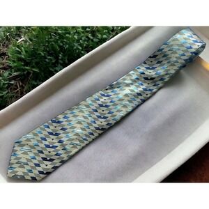 Vakko 100% Silk Mens Tie Geometric Iridescent Woven Classy Formal Beige Blue‌